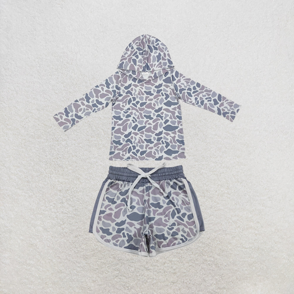 RTS NO MOQ Sibling milk silk Baby Girls Long Sleeve Grey Camo Print Hoodie Top Matching Pocket Shorts Two Piece Casual Clothes Set