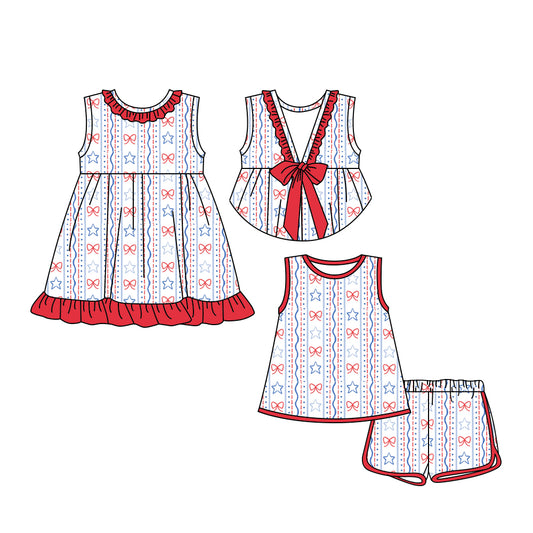 3.18 custom each style moq 5eta 4-6week Sibling Sister bow stars baby girl short sleeve shorts sets and dresses match design