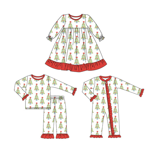 25.6.16 custom each style moq 5eta 4-6week Sibling Sisters Christmas trees bow baby girl long sleeve pants sets and dress and rompers match family design