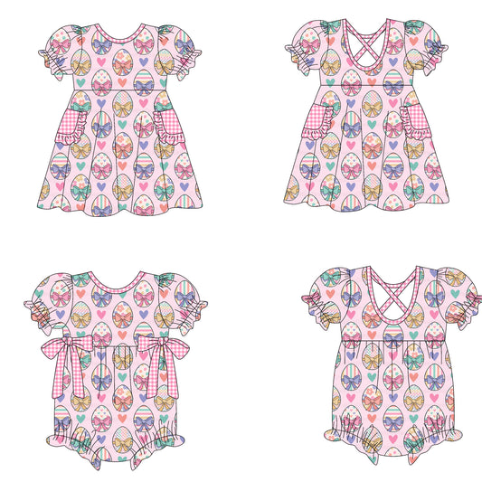 25.10.9 custom each style moq 8 eta 6-8week Sibling Sisters easter eggs bow baby girl short sleeve dress and romper match family design
