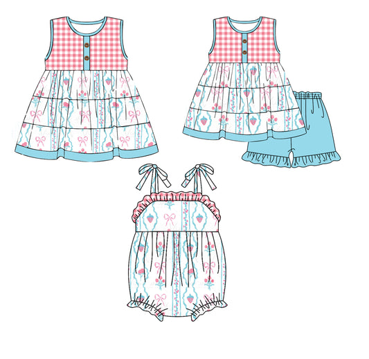 11.18 custom each style moq 5eta 4-6week Sibling Sister bow strawberry baby girl short sleeve shorts sets and dress and rompers match family design