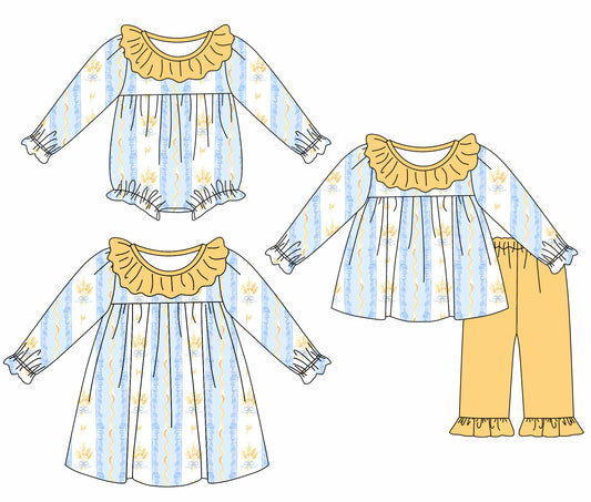 25.5.19 custom each style moq 5eta 4-6week Sibling Sisters bow floral baby girl long sleeve pants sets and dress and rompers match family design