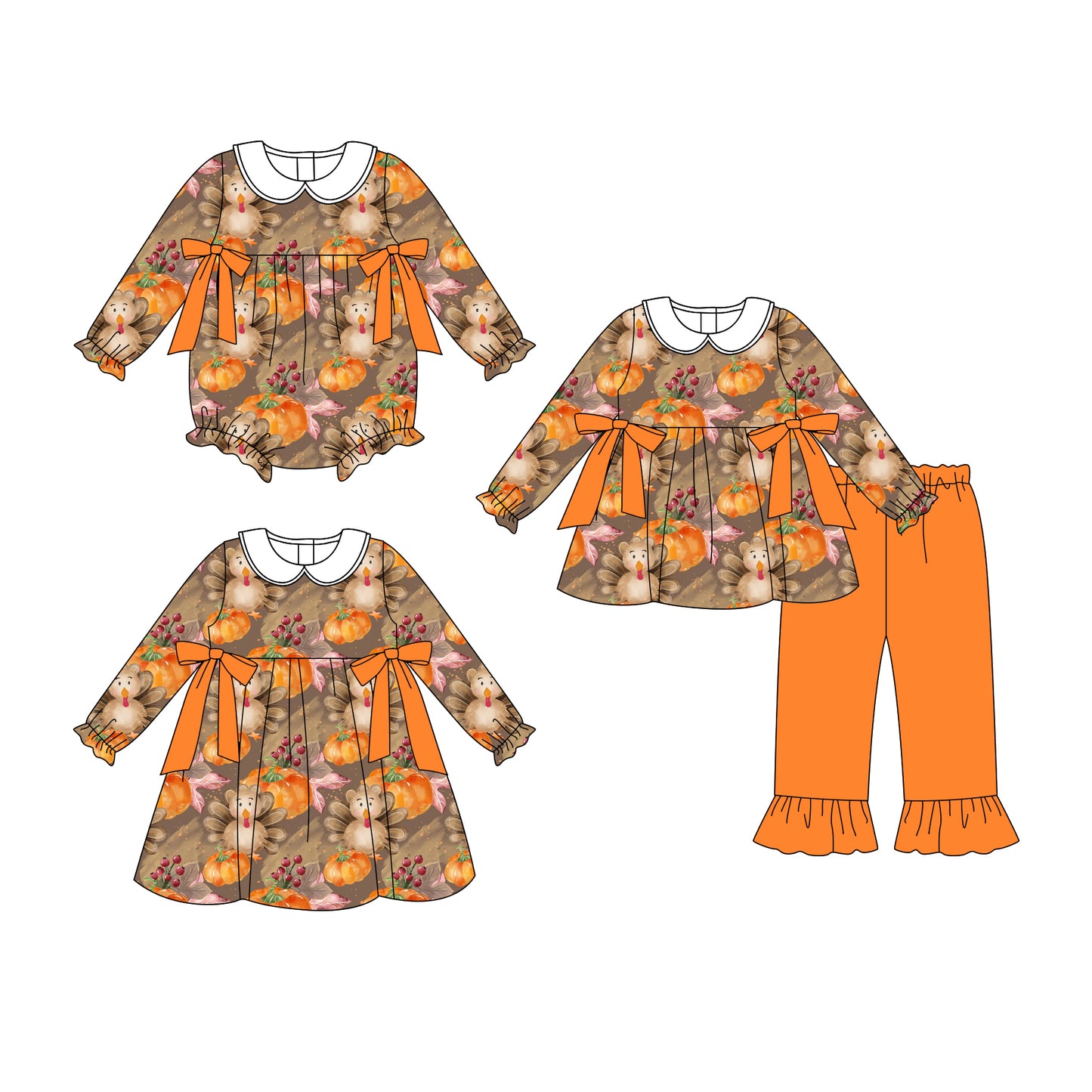 25.6.25 custom each style moq 5eta 4-6week Sibling Sisters turkey pumpkin baby girl long sleeve pants sets and dress and rompers match family design