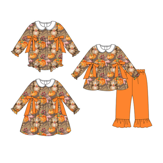25.6.25 custom each style moq 5eta 4-6week Sibling Sisters turkey pumpkin baby girl long sleeve pants sets and dress and rompers match family design