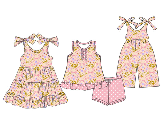 3.14 custom each style moq 5eta 4-6week Sibling Sister floral baby girl short sleeve shorts sets and dresses and jumpsuit match design