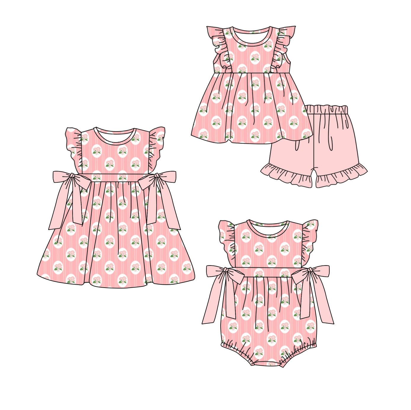 4.2 custom each style moq 5eta 4-6week Sibling Sisters bow floral baby girl short sleeve shorts sets and dress and rompers match family design