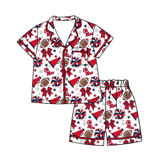 Custom moq 5 mix size milk silk summer teams Baby Girls Red Bows Button Pocket Top Short Pajamas Sets Cute Infant Sleepwear