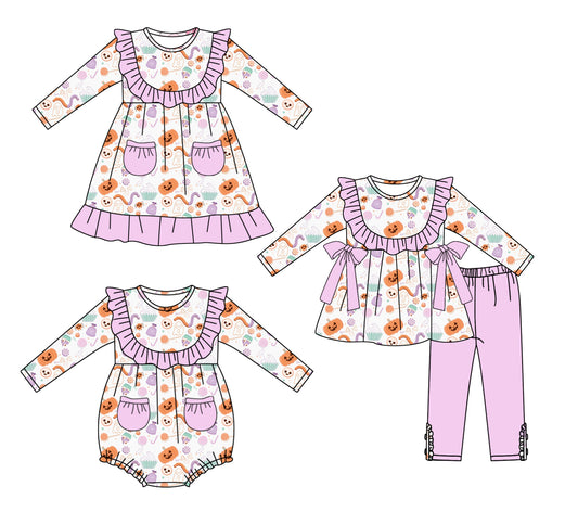 25.5.10 custom each style moq 5eta 4-6week Sibling Sisters pumpkin baby girl long sleeve pants sets and dress and rompers match family design