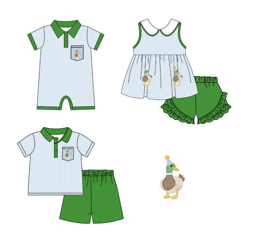 11.22 custom each style moq 5eta 4-6week Sibling Sister duck baby girl short sleeve shorts sets and sets 2 and girls romper match design