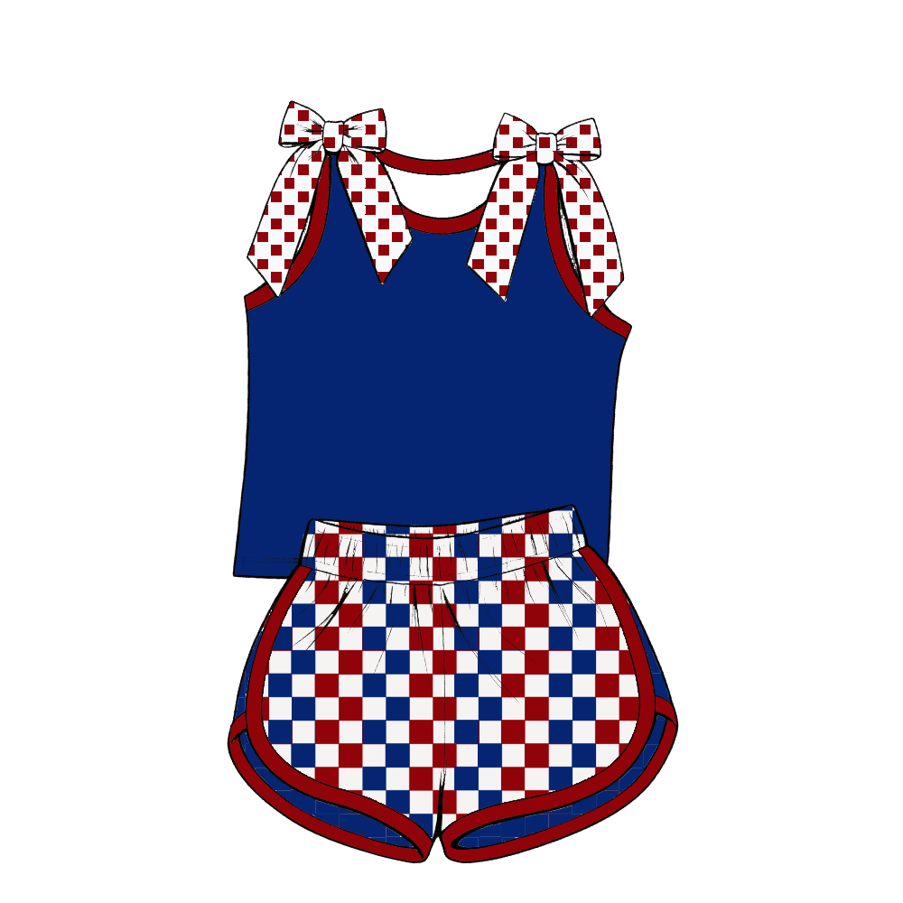 custom moq 5 mix size Baby Girls Blue Bow Sleeveless Top Shorts Summer Casual Clothes Set
