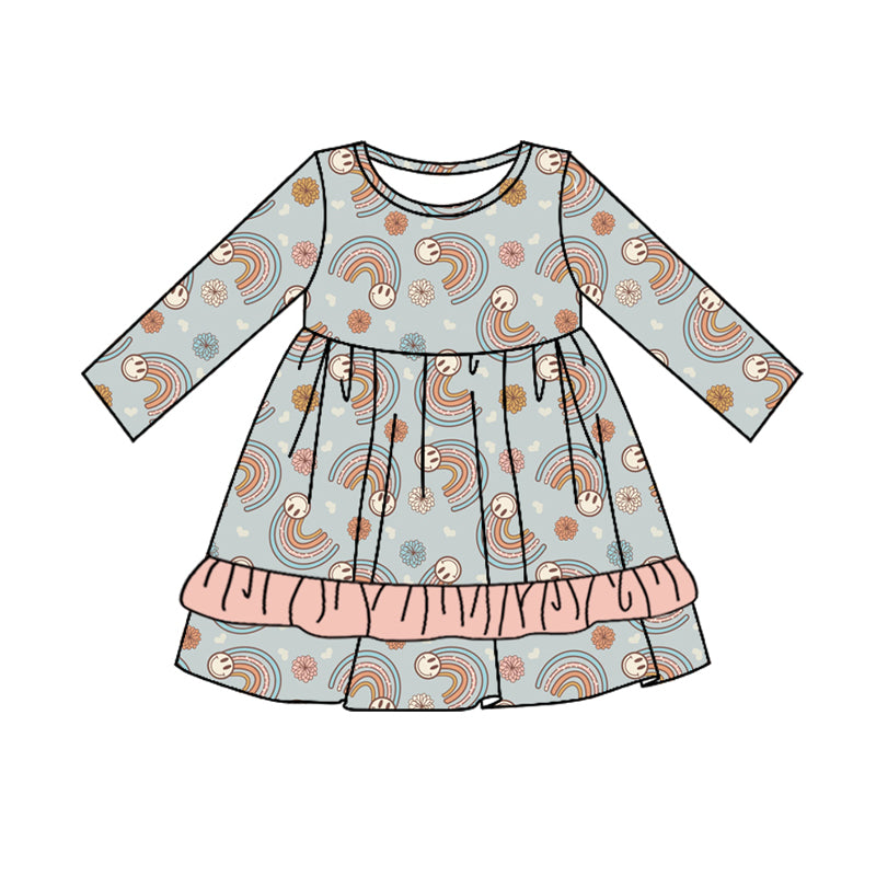 8.2 custom each style moq 5eta 4-6week Sibling Sister rainbow smiley baby girls sets and dress and rompers match family design