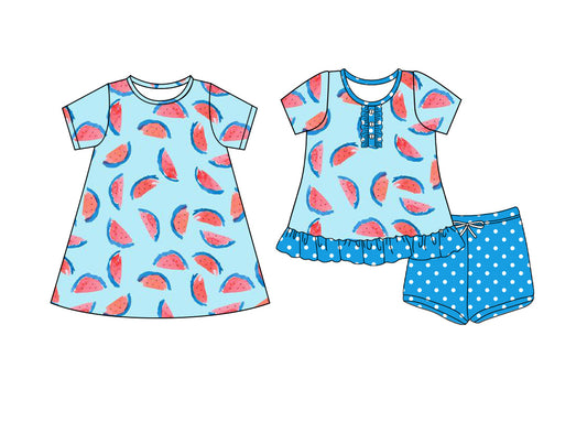 4.18 custom each style moq 5eta 4-6week Sibling Sister watermelon baby girl short sleeve shorts sets and dresses match design