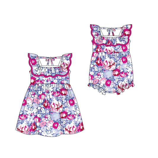 2.28 custom each style moq 5eta 4-6week Sibling Sister floral baby girl short sleeve dress and rompers match family design