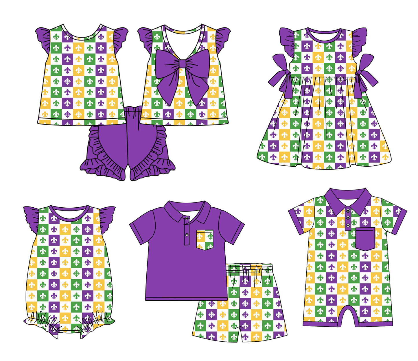 12.3 custom each style moq 5eta 4-6week Sibling Sister mardi gras baby girl short sleeve shorts sets and sets 2 and girls romper and boy romper and dress match design