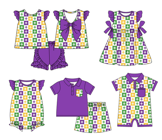 12.3 custom each style moq 5eta 4-6week Sibling Sister mardi gras baby girl short sleeve shorts sets and sets 2 and girls romper and boy romper and dress match design