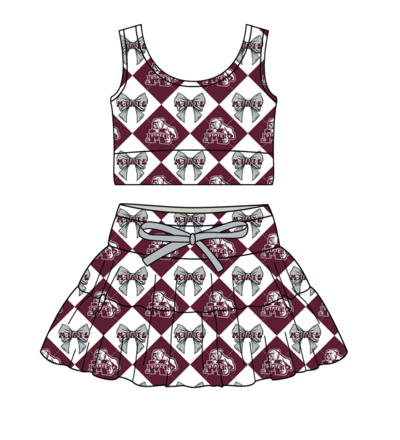 Custom moq 5 mix size Dark red Plaid Baby Girl Sleeveless Top And Skirt Team Outfit Children's Clothing