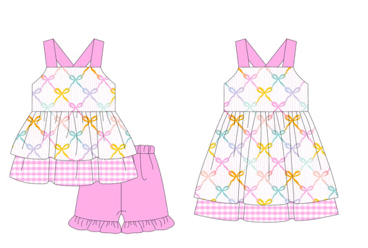 3.12 custom each style moq 5eta 4-6week Sibling Sister bow baby girl short sleeve shorts sets and dresses match design