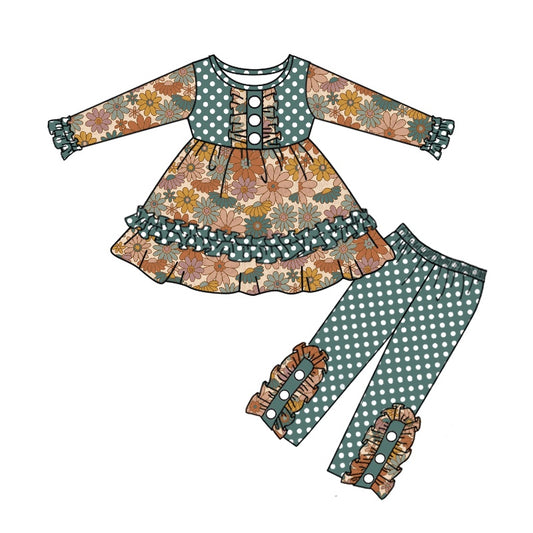 5.9custom each style moq 5eta 4-5week Sibling Sister Retro floral print green dots girls set and baby romper match family design