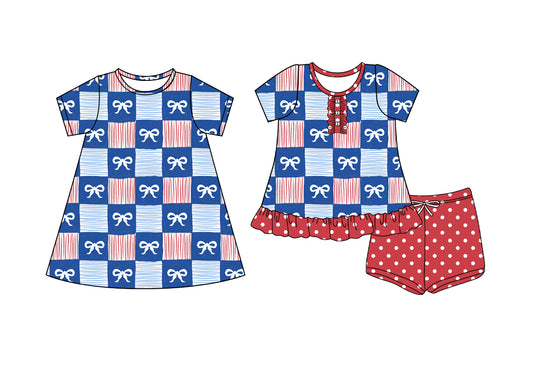 4.9 custom each style moq 5eta 4-6week Sibling Sister bow baby girl short sleeve shorts sets and dresses match design