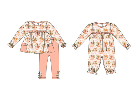 25.6.12 custom each style moq 5eta 4-6week Sibling Sisters pumpkin floral baby girl long sleeve pants sets and rompers match family design