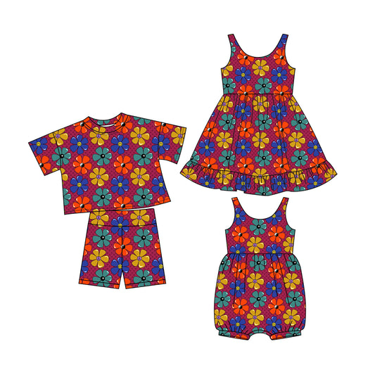 4.12 custom each style moq 5eta 4-6week Sibling Sisters floral baby girl short sleeve shorts sets and dress and rompers match family design