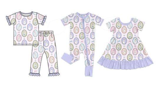 25.10.1 custom each style moq 8 eta 6-8week Sibling Sisters easter bunny baby girl short sleeve pants sets and dress and rompers match family design