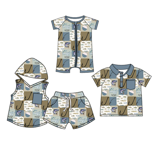 25.10.31 custom each style moq 5 eta 6-8 week Sibling Sister fishing baby boy hooded short sleeve shorts sets and boy rompers and top match family design