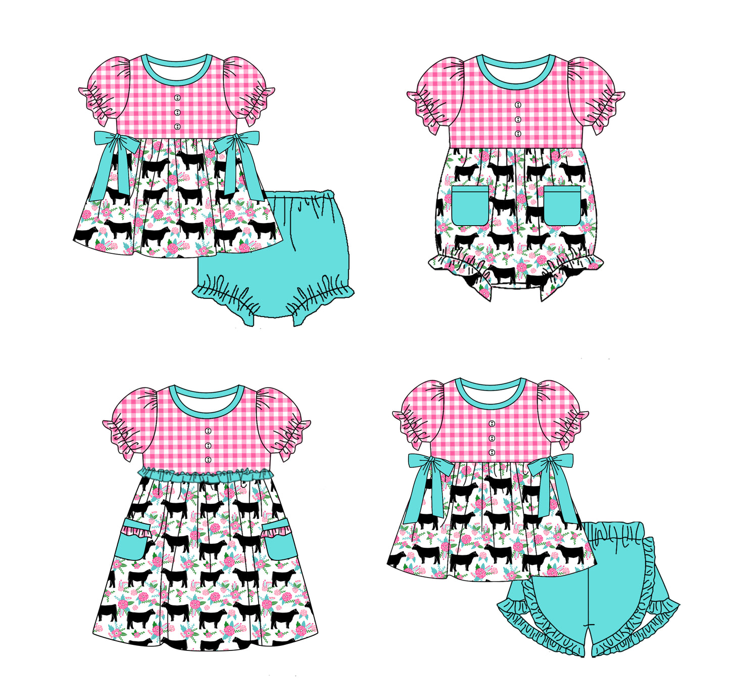 11.19 custom each style moq 5eta 4-6week Sibling Sister cow baby girl short sleeve shorts sets and briefs sets 2 and girls romper and dress match design