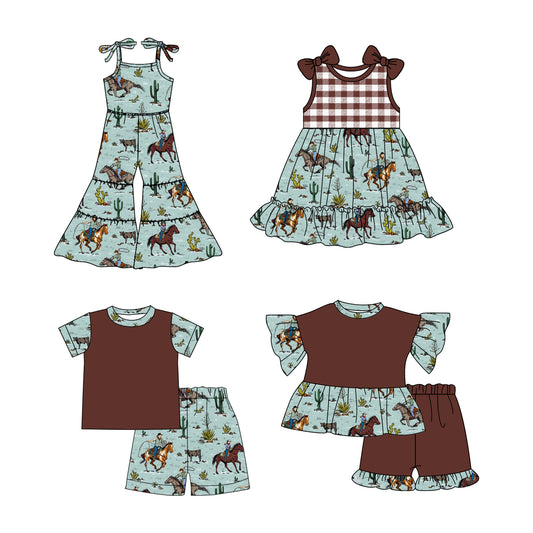 2.19 custom each style moq 5eta 4-6week Sibling Sister riding horse catcus baby girl sets and dress and jumpsuit match family design