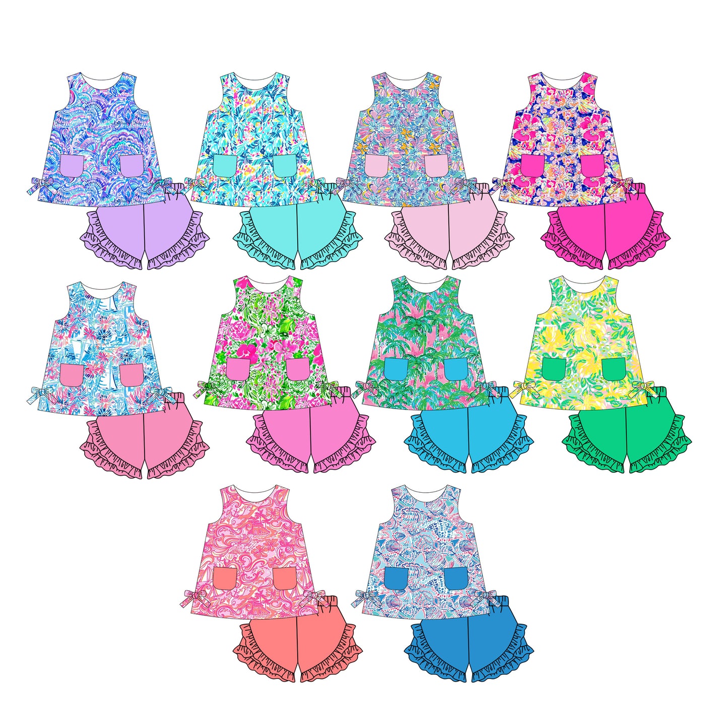 12.11 custom each style moq 5eta 4-6week Sibling Sister floral pattern baby girl short sleeve shorts fish sets 1 and easter sets 2 and set 8 match design