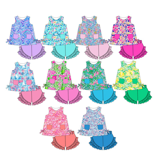 12.11 custom each style moq 5eta 4-6week Sibling Sister floral pattern baby girl short sleeve shorts fish sets 1 and easter sets 2 and set 8 match design