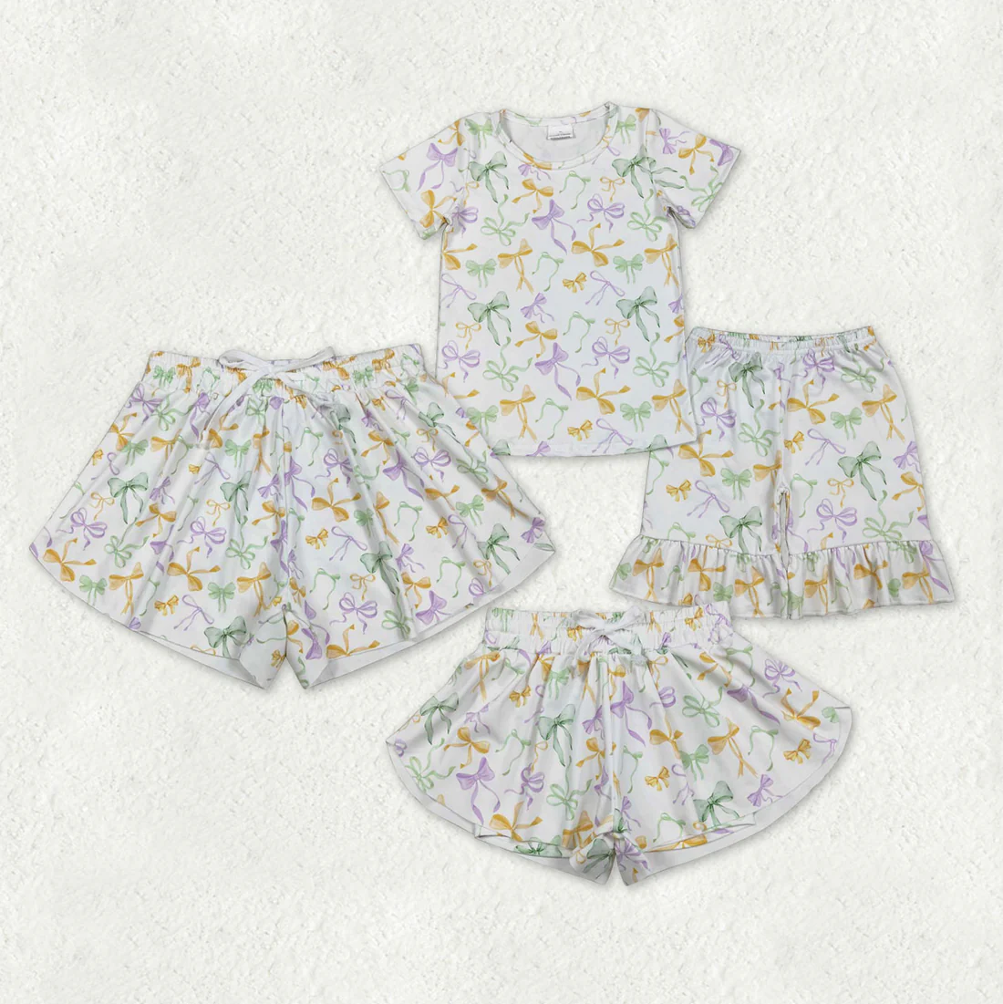 RTS NO MOQ Sibling baby girl clothes and Adult clothes mardi gras yoga bow kids shorts and adult shorts and shorts sets
