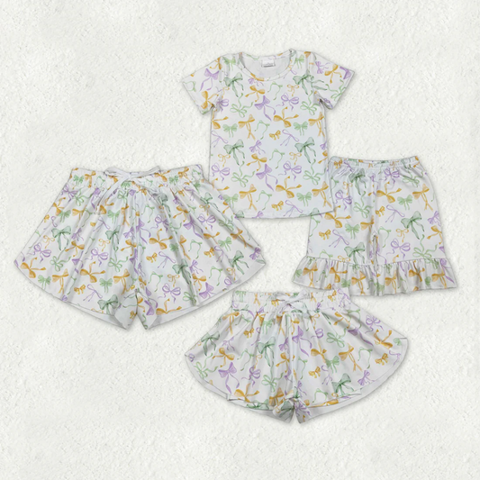 RTS NO MOQ Sibling baby girl clothes and Adult clothes mardi gras yoga bow kids shorts and adult shorts and shorts sets