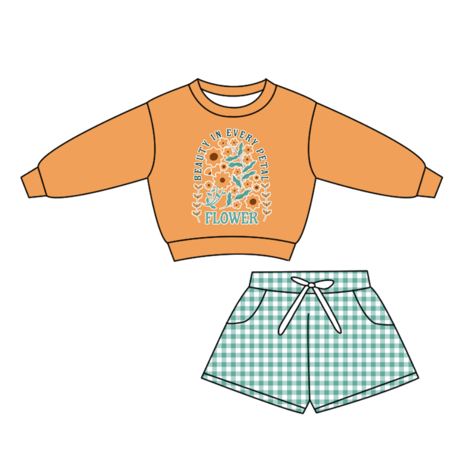 Custom moq 5 mix size milk silk summer baby girls clothes orange long sleeve shorts sets-25.10.28