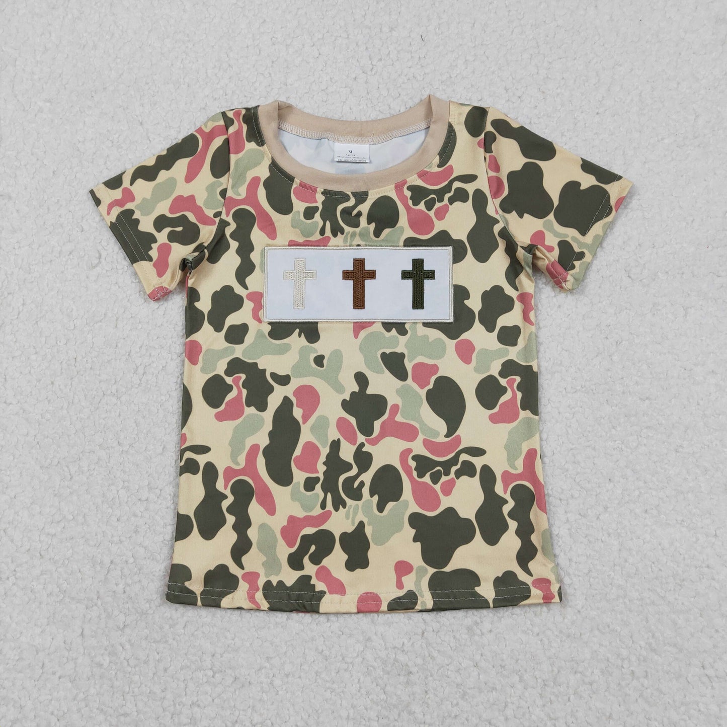 RTS NO MOQ（In Stock) Embroidered Cross Camouflage Brown Short-Sleeved Top