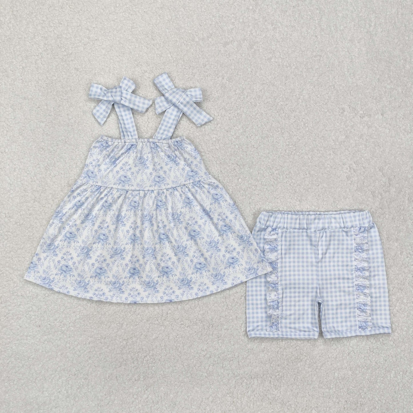 RTS NO MOQ ETA 5/7days Arrived GSSO1716 Flower blue plaid suspender shorts set