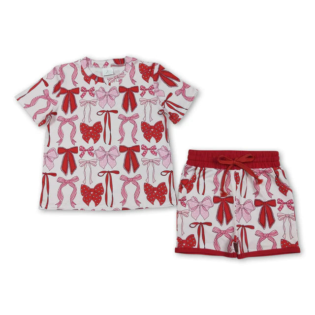 RTS NO MOQ Sibling Baby Girls Bows Hearts Stripe Top Pockets Shorts Valentines Clothes Sets