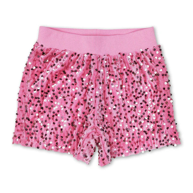 RTS NO MOQ Sibling Baby Girls Dark Pink Sequin Summer Shorts