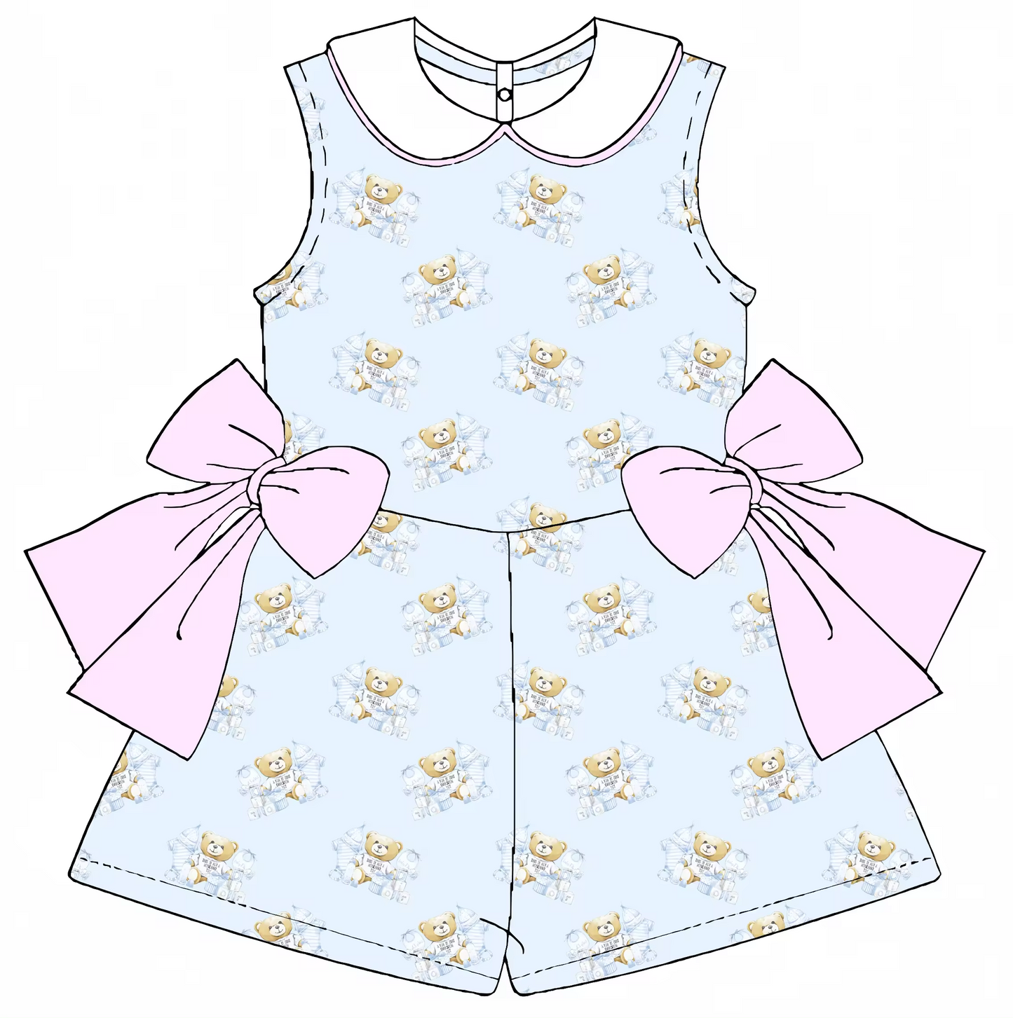 5.10custom each style moq 5eta 4-5week Cute bear prints blue dress Two pink bows