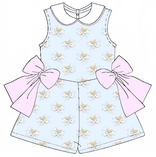 5.10custom each style moq 5eta 4-5week Cute bear prints blue dress Two pink bows