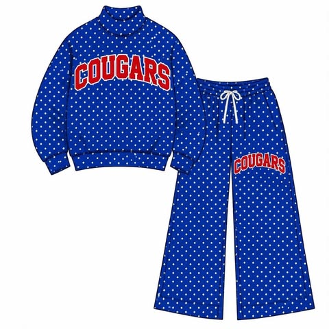 custom moq 5 mix size AAMY0114  Adult To Match Kids High Neck Blue White Polka Dot Print Mock Neck Sweatshirt and Flare Pants Set