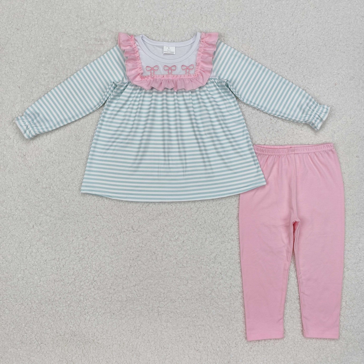RTS NO MOQ ETA 5/7days Arrived GLP2135 Embroidered bow pattern striped pink lace long-sleeved pants set