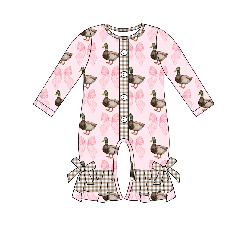 Deadline  September 28 custom no moq eta 6-8weeks Pink Bow & Duck Pattern - Plaid Button Bow Decorated Long Sleeve Climbing Suit