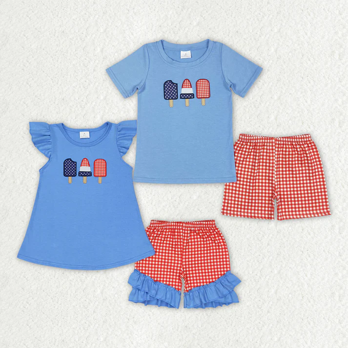 RTS NO MOQ baby girl clothes embroidery short-sleeved shorts suit & short-sleeved sets
