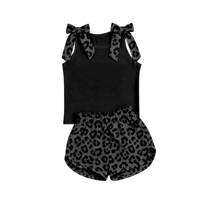 custom moq 5 mix size Baby Girls Bow Sleeveless Black Top Leopard Shorts Summer Set