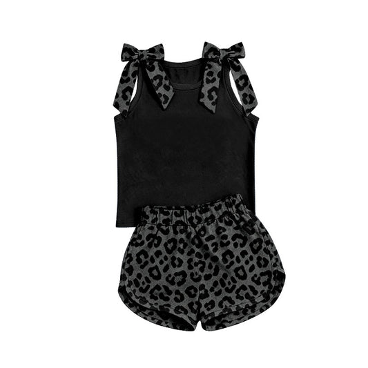 custom moq 5 mix size Baby Girls Bow Sleeveless Black Top Leopard Shorts Summer Set