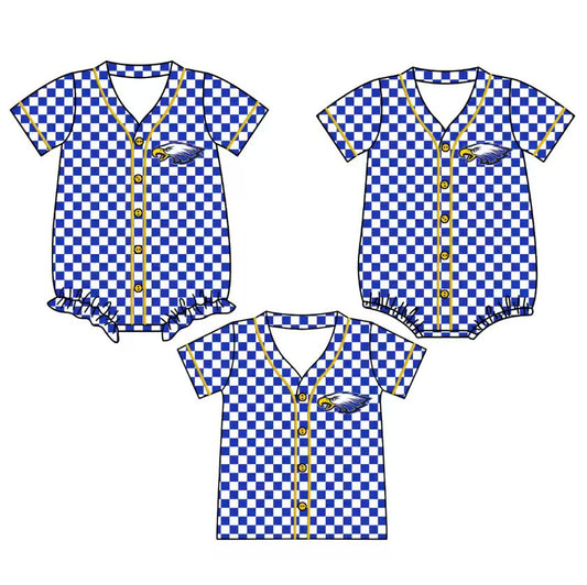 Custom moq 5 mix size milk silk baby girls clothes team blue short sleeve tops and rompers 2-25.10.22