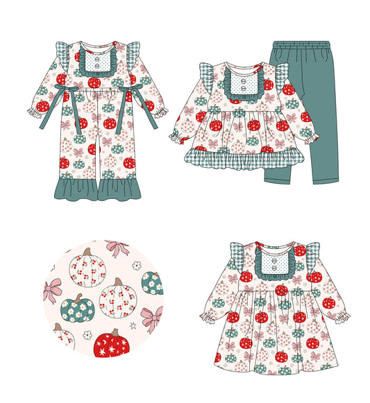 25.7.26 custom each style moq 5eta 4-6week Sibling Sisters pumpkin bow baby girl long sleeve pants sets and dress and rompers match family design