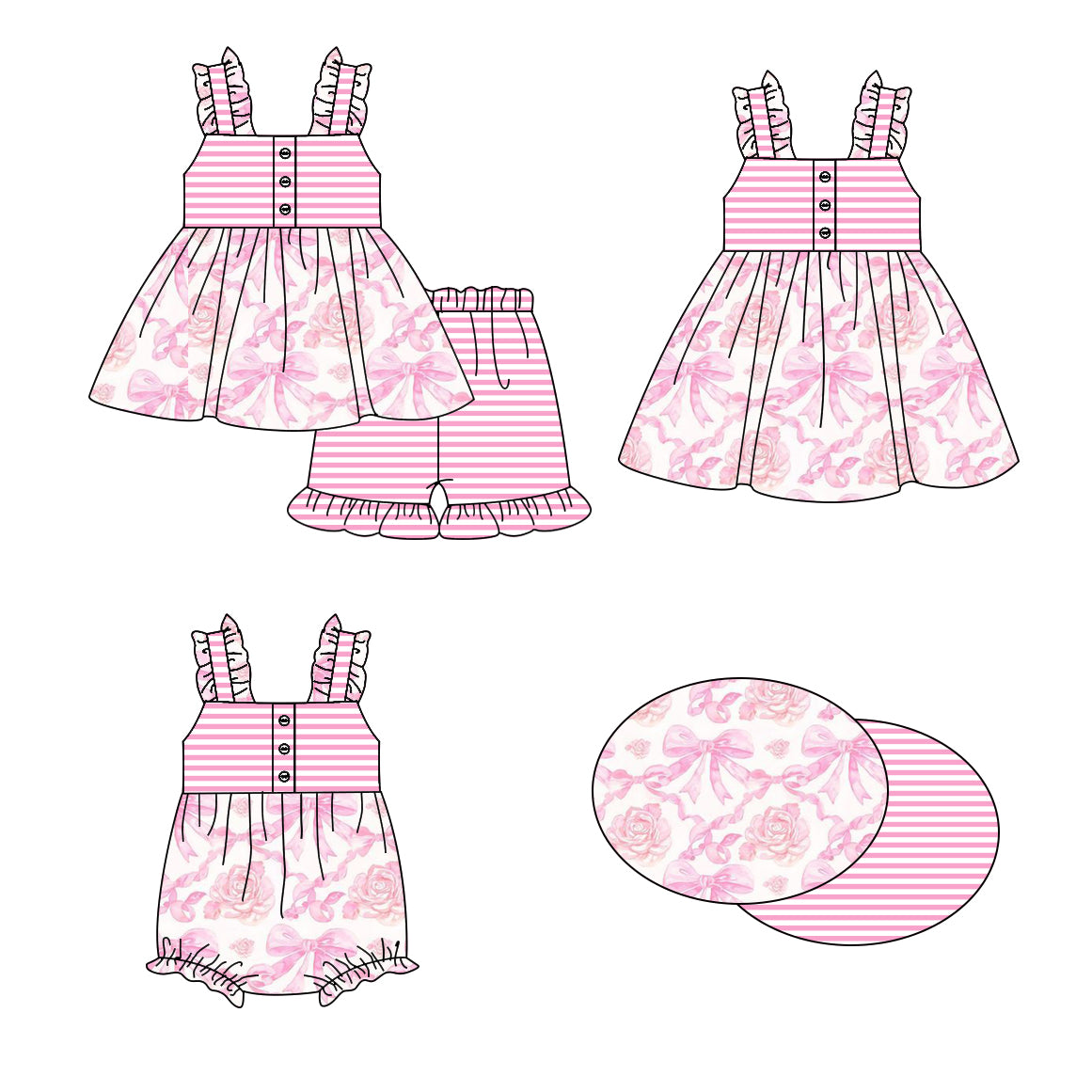 1.16 custom each style moq 5eta 4-6week Sibling Sisters bow baby girl short sleeve shorts sets and dress and rompers match family design