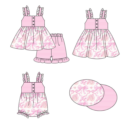 1.16 custom each style moq 5eta 4-6week Sibling Sisters bow baby girl short sleeve shorts sets and dress and rompers match family design